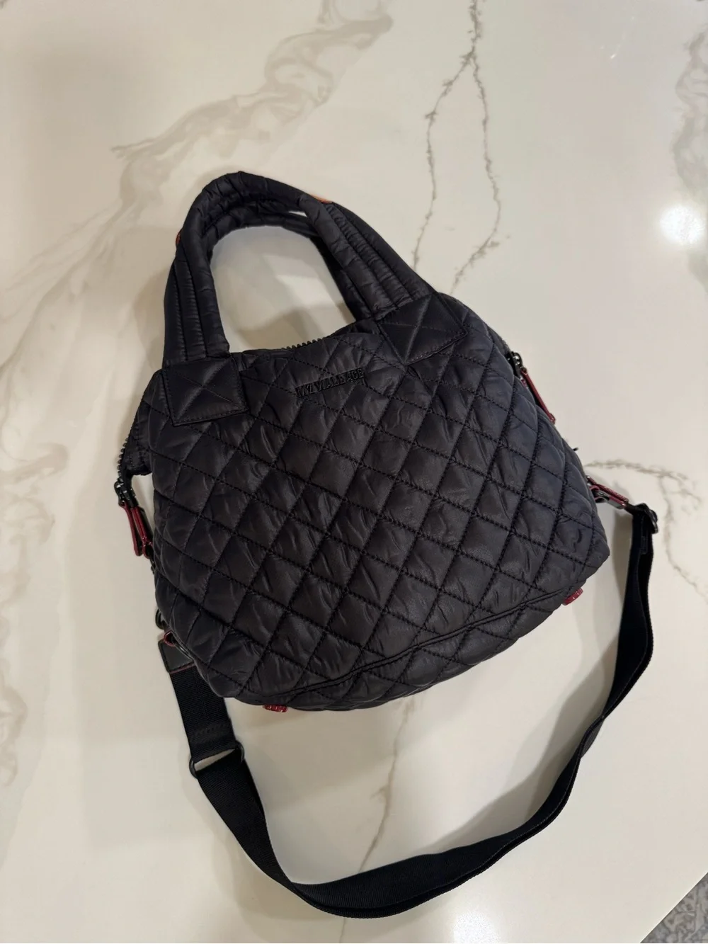 MZ Wallace Black Quilted Small Sutton Satchel with Red Accents